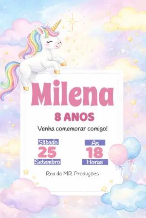 Convite de Aniversário Unicórnio Fofo e Colorido para Editar