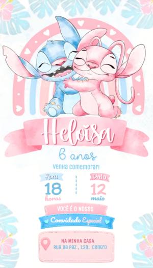 Convite Animado Aniversário Stitch e Angel Pastel para Editar