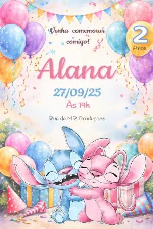 Convite de Aniversário Stitch e Angel Aquarela para Editar