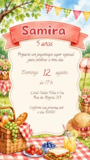 Convite de Aniversário Piquenique Aquarela para Editar