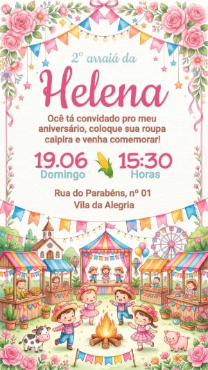 Convite de Aniversário Festa Junina Menina Aquarela Editável