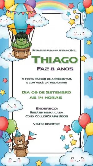 Convite Aniversário Hulk no Balão para Editar Online