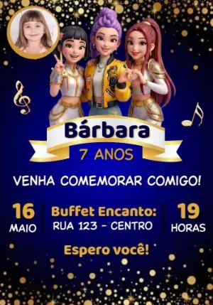 Convite de Aniversário Guerreiras do K-Pop com Foto Modelo Editável