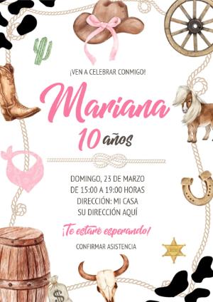 Invitación de Cumpleaños Vaquera Rosa para Editar