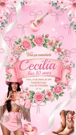 Convite de Aniversário Boiadeira Rosa com Foto Editável