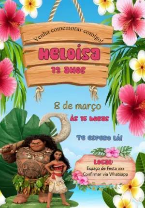 Convite de Aniversário Moana com Personagens para Editar Online