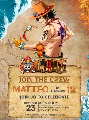 One Piece Ace Birthday Invitation Editable Template