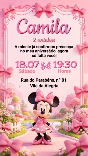 Convite de Aniversário Minnie Rosa Fofo para Editar