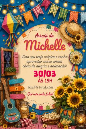 Convite de Festa Junina Rústico com Girassóis para Editar