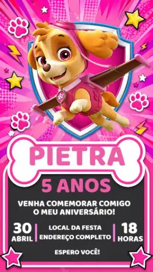 Convite de Aniversário Skye Patrulha Canina Rosa para Editar