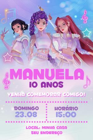 Convite de Aniversário Guerreiras K-pop Estilo Neon para Editar