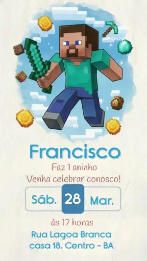 Convite Digital Minecraft para Aniversário Infantil Editável