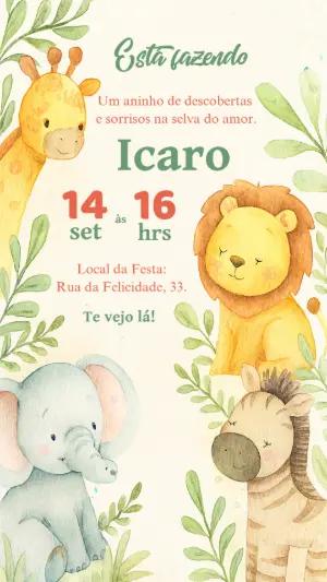 Convite Aniversário Safari Baby Aquarela para Editar Online