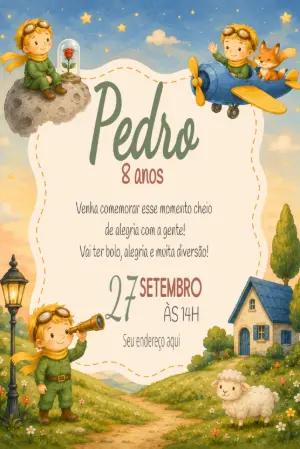 Convite de Aniversário Pequeno Príncipe Aquarela Editável