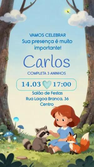 Convite de Aniversário Floresta Encantada com Animais Editável