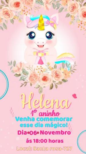 Convite de Aniversário Unicórnio Floral para Editar
