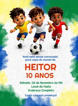 Convite de Aniversário Futebol Infantil com Personagens Editável