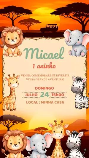 Convite de Aniversário Safari Baby Fofo para Editar Online