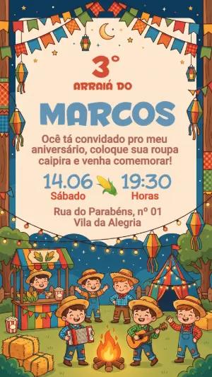 Convite Festa Junina Infantil Arraiá Colorido para Editar