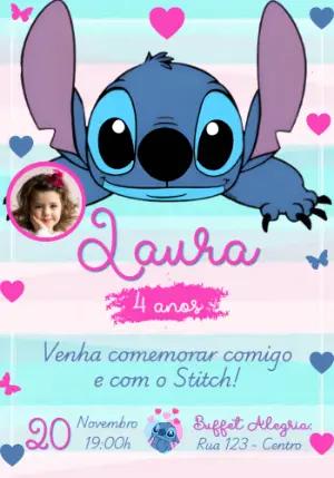 Convite Aniversário Stitch com Foto para Editar Online