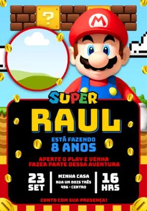 Convite de Aniversário Super Mario Infantil para Editar Online