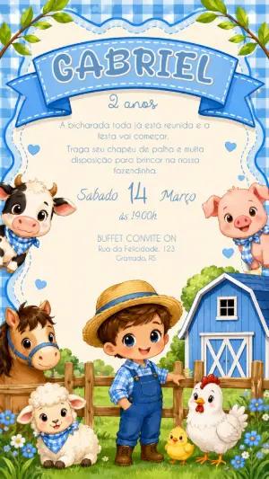 Convite de Aniversário Fazendinha Menino Azul Editável