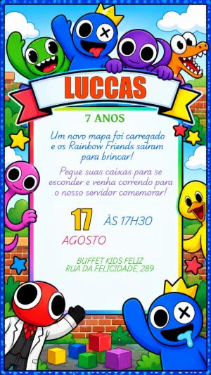 Convite Digital Aniversário Rainbow Friends para Editar