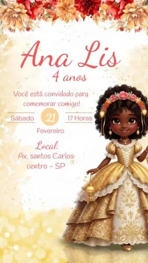 Convite de Aniversário Princesa Negra Dourado para Editar