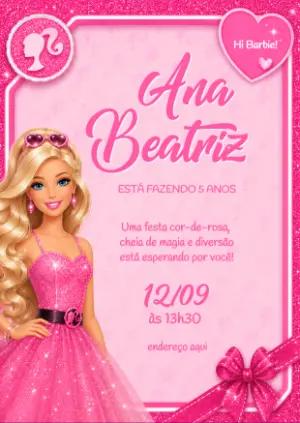 Convite de Aniversário Barbie Rosa com Glitter para Editar
