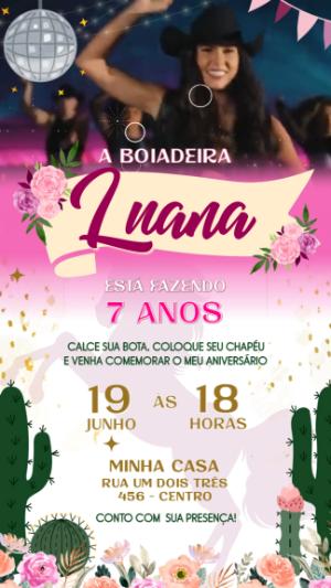 Convite Animado Aniversário Boiadeira Rosa para Editar