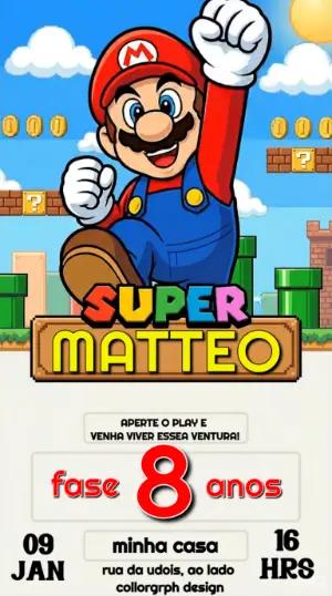 Convite Animado Super Mario Aniversário Infantil para Editar
