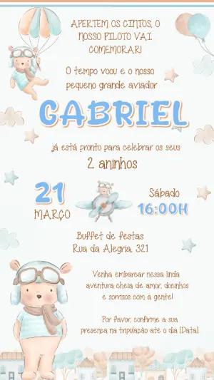 Convite de Aniversário Urso Aviador Aquarela Editável