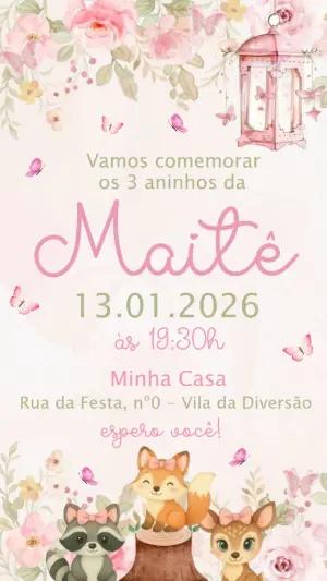 Convite Editável Aniversário Menina Bosque Encantado Rosa