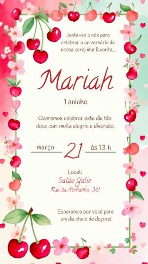 Convite de Aniversário Tema Cerejinha Aquarela para Editar
