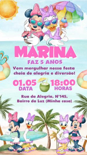 Convite de Aniversário Minnie e Margarida Praia Editável