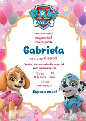 Convite Patrulha Canina Rosa com Skye e Everest Editável
