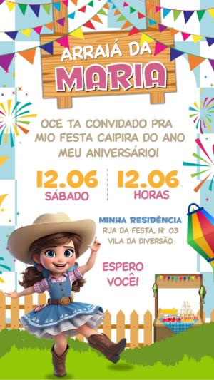 Convite de Aniversário Arraiá Menina Caipira Editável