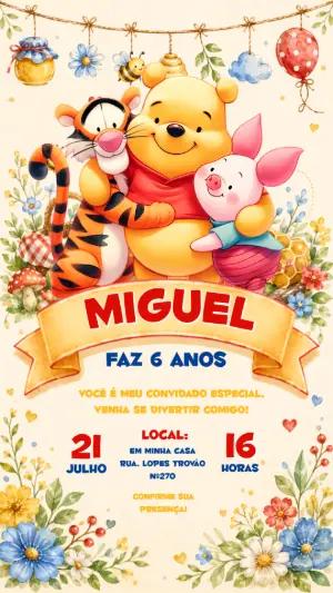 Convite de Aniversário Ursinho Pooh Aquarela Editável