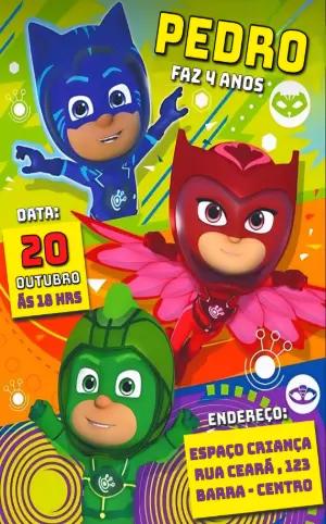 Convite de Aniversário PJ Masks com Heróis para Editar Online