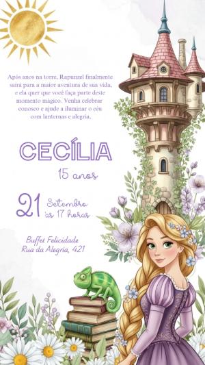 Convite Digital Aniversário Rapunzel Estilo Aquarela Editável