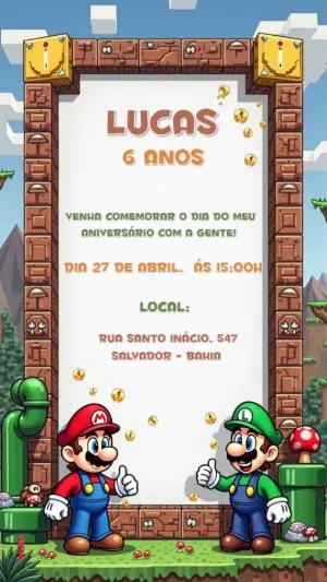 Convite Aniversário Super Mario com Personagens para Editar Online