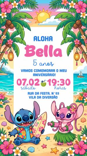 Convite de Aniversário Stitch e Angel Tropical para Editar