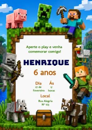 Convite de Aniversário Minecraft Editável para Festa Infantil