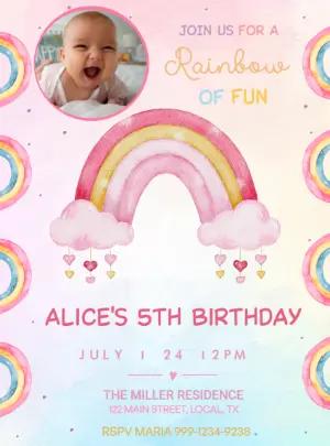 Pastel Rainbow Birthday Invitation Editable Template with Photo