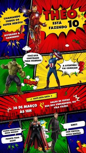 Convite de Aniversário Vingadores Super Heróis para Editar Online
