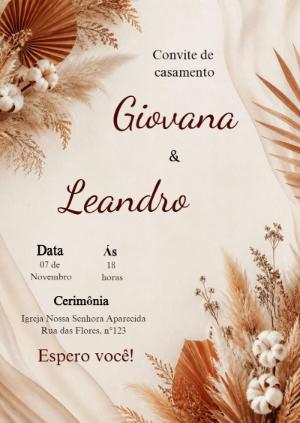 Convite de Casamento Boho Rústico Editável com Pampas