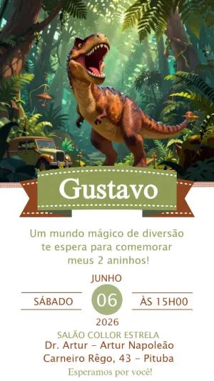 Convite de Aniversário Dinossauro Aventura na Selva Editável