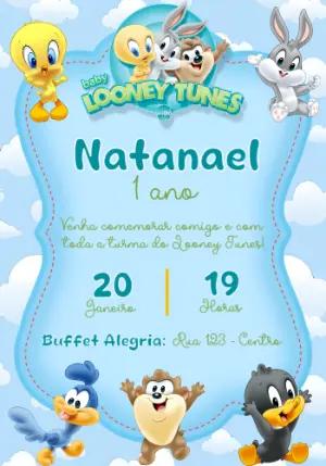 Convite de Aniversário Baby Looney Tunes Azul para Editar