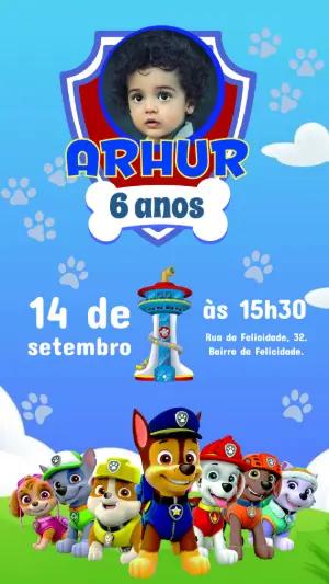 Convite Aniversário Patrulha Canina com Foto para Editar Online