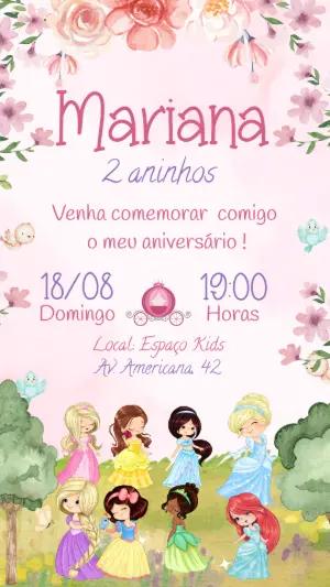 Convite Aniversário Princesas Aquarela para Editar Online